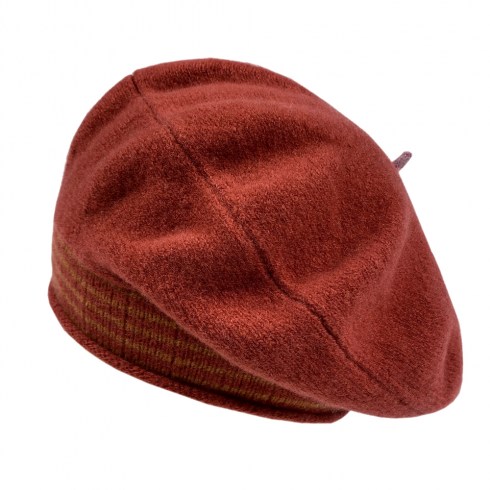 brick red beret with burnt umber stripes and salmon pink filial